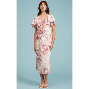 Lucy Paris Pink Tie Dye Drawstring Cutout Midi Dress‎ Smocked Women’s Size XS